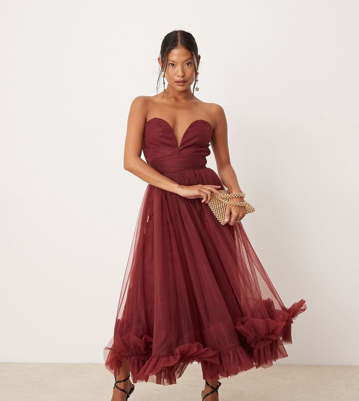 Lace & Beads Petite corset tulle ruffle hem midaxi dress in burgundy