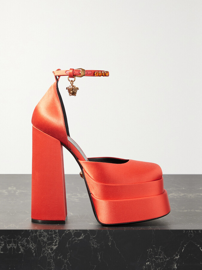 Versace Medusa Aevitas Embellished Satin Platform Pumps - Red