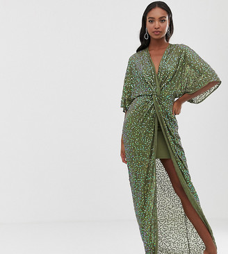 Asos Tall DESIGN Tall scatter sequin knot front kimono maxi dress
