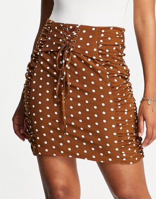 Pretty Darling Rare London lace up mini skirt set in brown polkadot