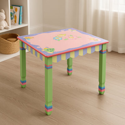 Teamson Kids Magic Garden Wooden Table with Floral Top and Colorful Spindle Legs – Kid-Sized Play Table for Bedrooms and Playrooms