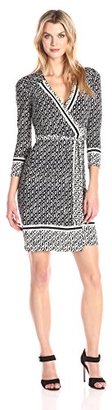 Donna Morgan Women's 3/4 Sleeve Faux Wrap Printed Jersey