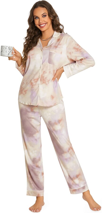SHEKINI Pajamas for Women Silky Satin Long Sleeve Women's Pajama Set Sleepwear Lightweight Button Down PJs Set Loungewear