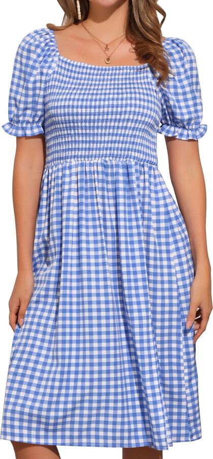 DARING DIVA Women’s Gingham Square Neck Short Sleeve Casual Plaid Smocked Dress S Blue