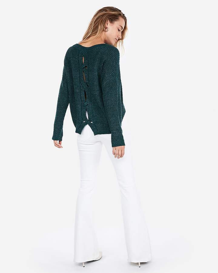 cable knit split back pullover sweater
