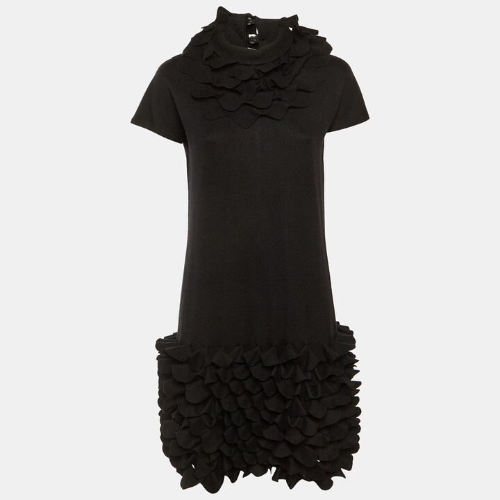 Fendi Black Fleece Wool Ruffled Knee Length Dress M
