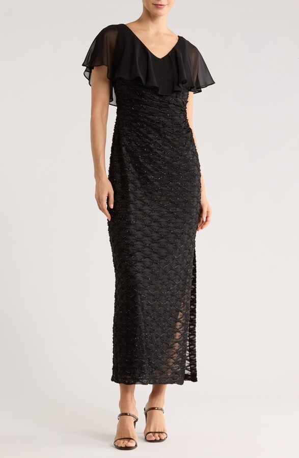 Connected Apparel Beaded Ruffle Neck Gown