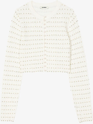 Sandro Womens Naturels Bead-Embellished Pearl-Buttons Pointelle-Knit Cardigan 6