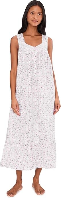 Eileen West Cotton Lawn Sleeveless Ballet Nightgown Women's Pajama White Grounds Ditsy : XL, Lace/Cotton