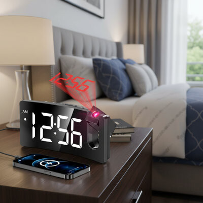 Wrought Studio This Green Digital Alarm Clock Features A Green Projection Function A 180° Rotating Projection Panel 3 Levels Of Brightness Adjustment Usb Charging