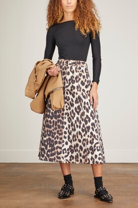 Ganni Print Denim High Waist A-line Skirt in Big Leopard