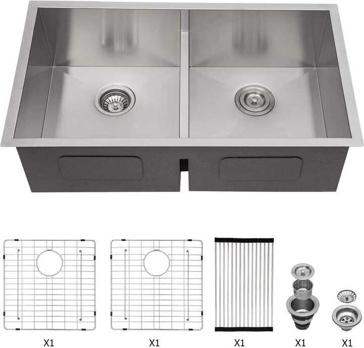 Tidoin 36 in. Drop-In/Undermount Double Bowl 16-Gauge Brushed Nickel Stainless Steel Kitchen Sink with Grid and Drain