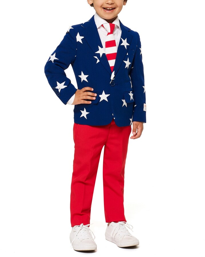 OppoSuits Toddler Boys 3-Piece Stars and Stripes Suit Set Including Blazer, Pants and Clip-On-Tie