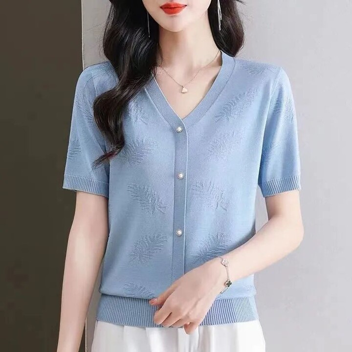 NONE Solid Color Young Top Knitted Sweater Ice Silk Thin Short-sleeved T-shirt Fashionable Small Shirt