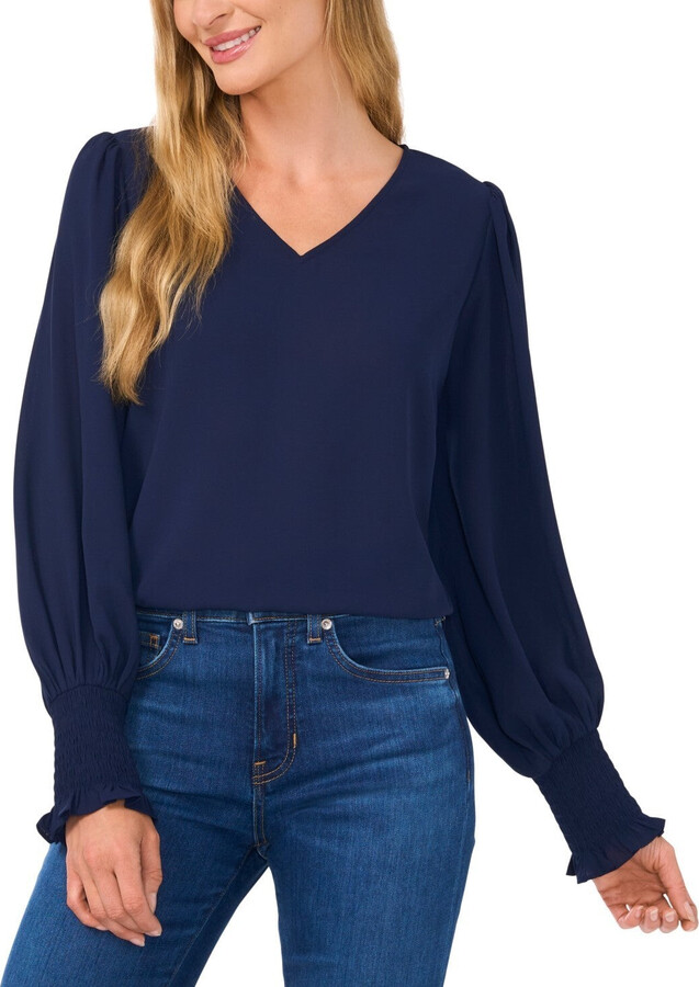 CeCe Women's Top Blue Smocked Puff Sleeve V-Neck Blouse Preppy Modest ERK1313