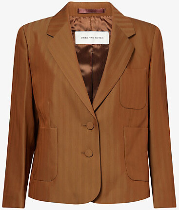 Dries Van Noten Womens Tan Striped Notch-Lapels Wool-Blend Blazer 6