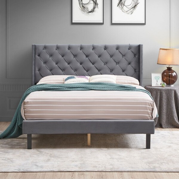 PAGEDQueenSizeBedFrameButtonTuftedUpholsteredBedwithWingsDesignWoodSlatSupportNoBoxSpringNeededEasyAssemblyGray
