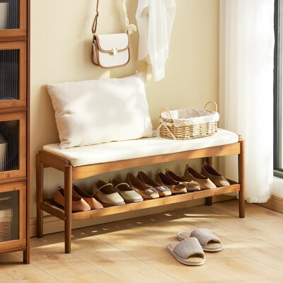 39.4" Shoe Rack Bench, Entryway Bamboo Shoe Storage Bench with Leather Cushion, 2 Tiers Shoe Rack Entryway Bench for Hallway, Living Room,Bedroom