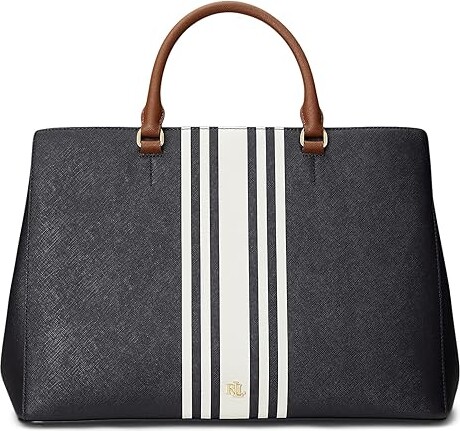 Brown Khaki Crosshatch and Brown Center Stripe Tote