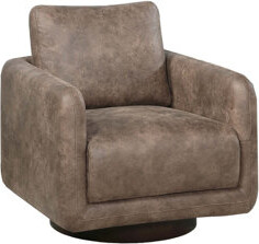 Corrigan Studio Gorgeous Walnut Color Leather Like Fabric 1Pc Swivel Accent Chair Upholstered Living Room Chair Wooden Base