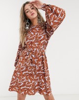 Thumbnail for your product : Object puff sleeve tie waist dress in leaf print