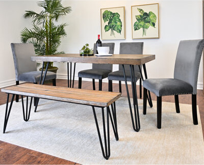 Everly Quinn Dining : 6 With Hairpin Design, 4 Chairs & Bench, Dark Pine Appearance Shade, Rectangular Table Soft Velvet Chair Backs, Metal Base Support Dining: Ta