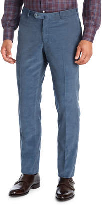 Isaia Corduroy Flat-Front Trousers, Blue