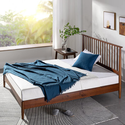 Blooming Mid Century Wood Twin Platform Bed Frame, Solid Wood Foundation, Stylish Spindle Headboard