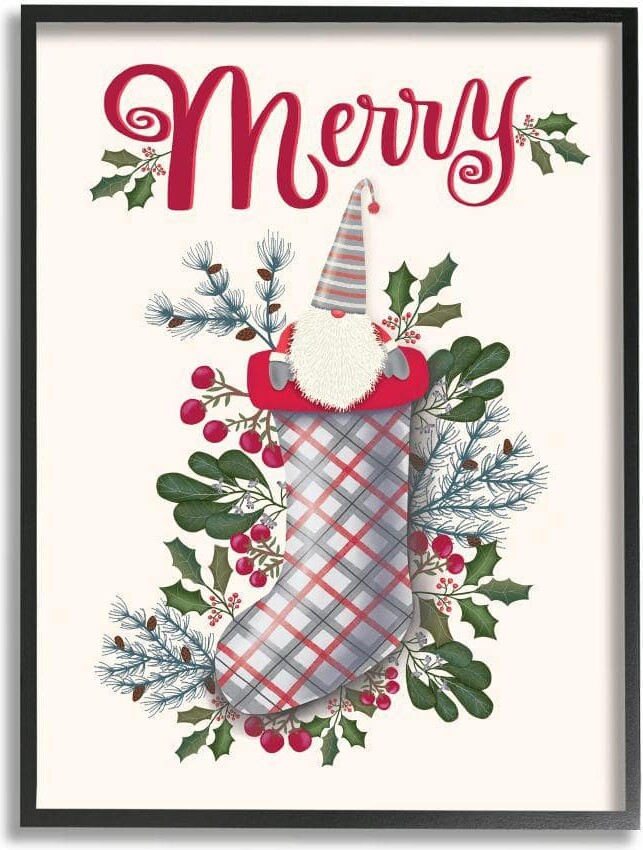 Merry Christmas Gnome Plaid Holly Stocking By Darlene Seale Framed Print Abstract Texturized Art 16 in. x 20 in.