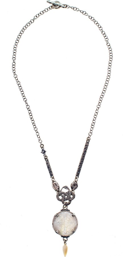 GEM Kingdom White / Silver Back To The Future - Saint Benedict Charm Necklace White Mother Of Pearl