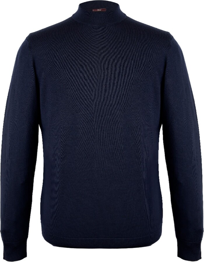 David Wej Blue Dennis Merino Wool Mock Turtle Neck Jumper - Navy