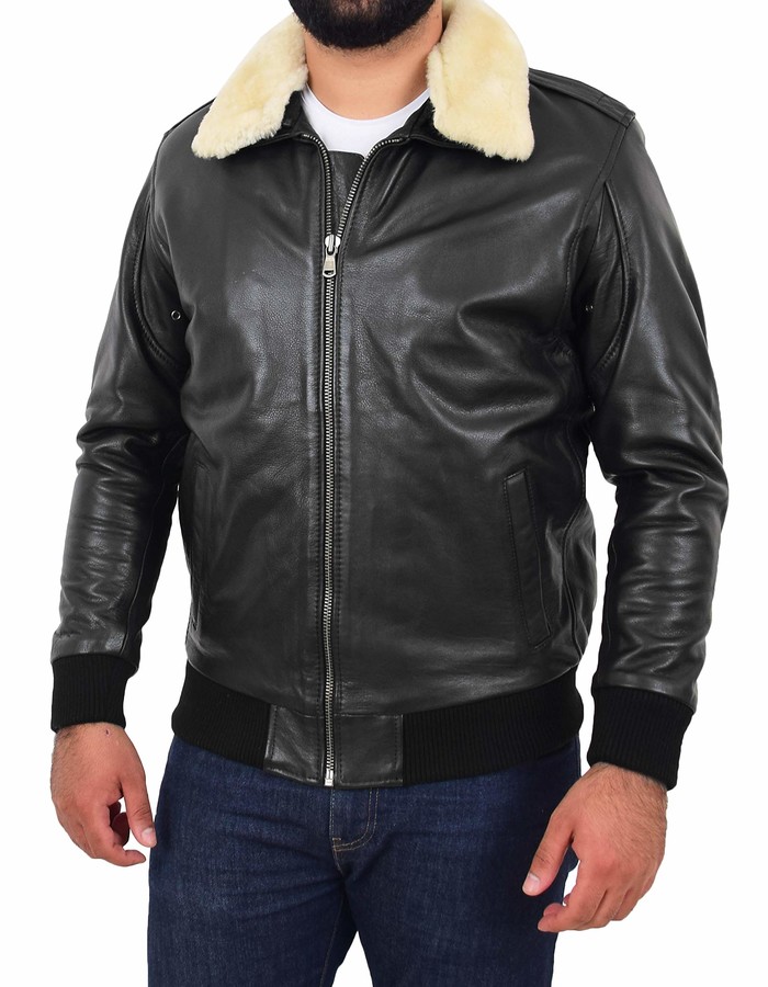 Hol Mens Bomber Leather Jacket Detachable Collar Air Force Pilot Flying ...