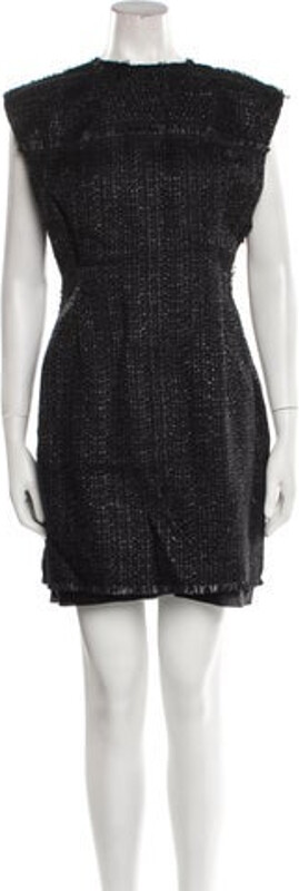 Lanvin Crew Neck Mini Dress Lanvin Sheath Dress Black Pleated, Raw-Edge & Keyhole Accents Short Sleeve with Crew Neck Button Closure at Back Designer