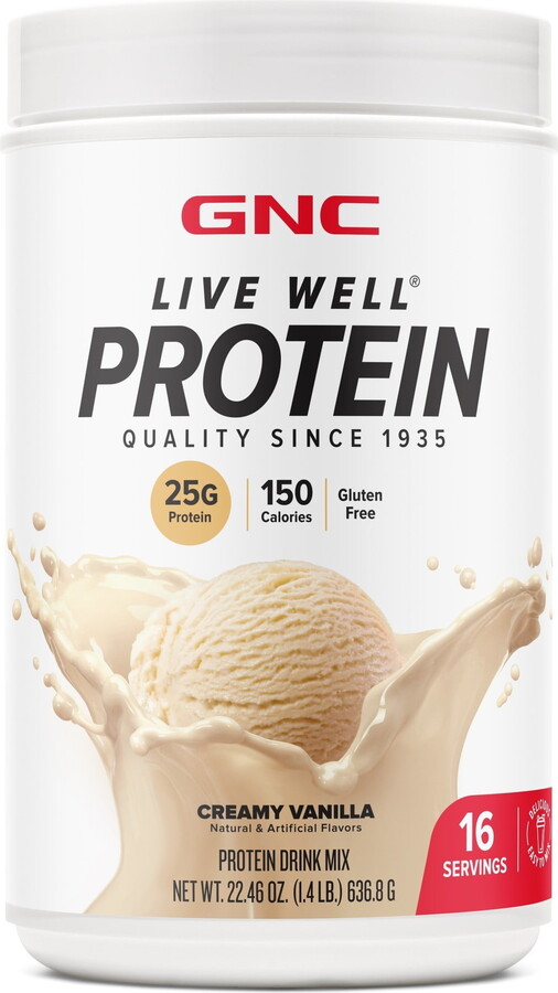 GNC Live Well Protein Powder, 25g Whey Protein, Creamy Vanilla, Gluten Free, No Sugar Added, 16 Servings