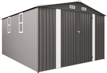 SnugglySolace 10x12ft Large Grey Metal Outdoor Storage Shed With Double Door And Windows Waterproof For Lawnmower Bikes In Backyard Tool Two Bins Poolside