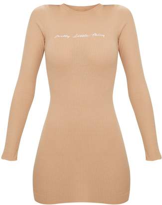 PrettyLittleThing Stone Embroidered Ribbed Bodycon Dress