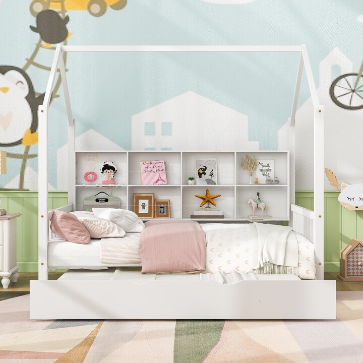 Gewnee Wood Full Size House Bed with Trundle and Storage Shelves for Kid's Room,White