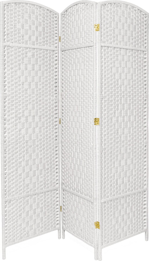 Oriental Furniture 7 ft. Tall Faux Rattan Fiber Diamond Weave Privacy Screen Room Divider - White - 3 Panels