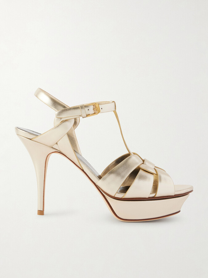 Saint Laurent Tribute Woven Metallic Leather Platform Sandals - Gold
