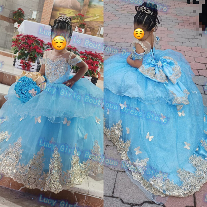 gdybao Cute Blue Flower Girl Dress Tulle Fluffy Bow With Gold Applique Wedding Ball Dresses Princess Kids Birthday Party Evening Gowns