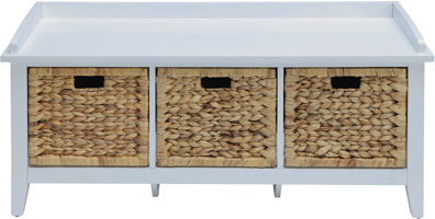 Low-profile Beige Bench With 3 Protected Basket Storage Options Closed Containers