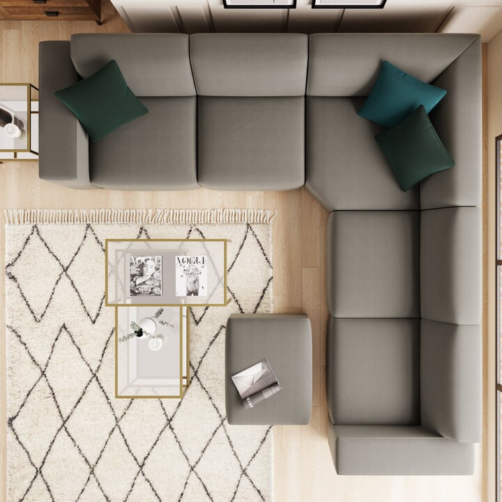 Dunelm Modular Cruz Grey Velvet Corner Sofa with Footstool Steeple Grey