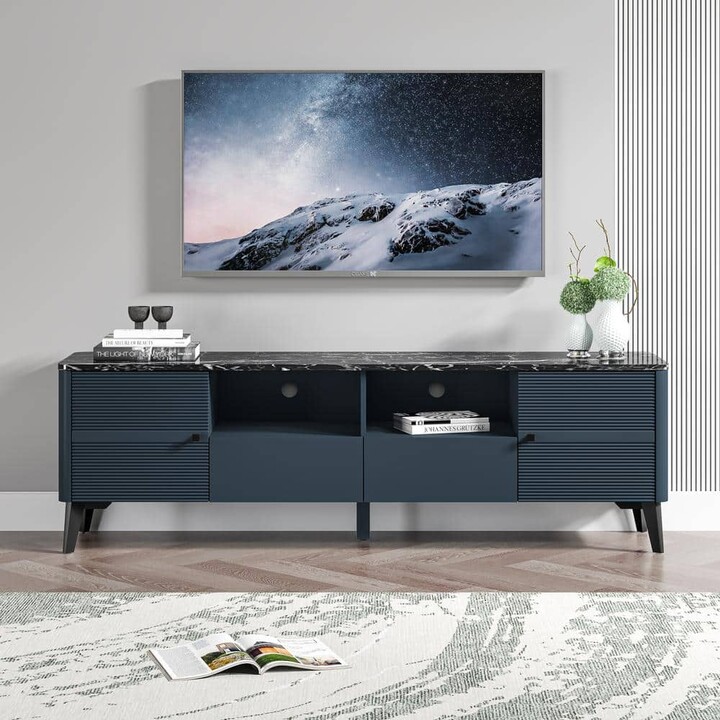 FESTIVO Scandinavian 70 in. Modern Storage Cyan Blue TV Stand Cabinet Features Premium Faux Marble Countertop