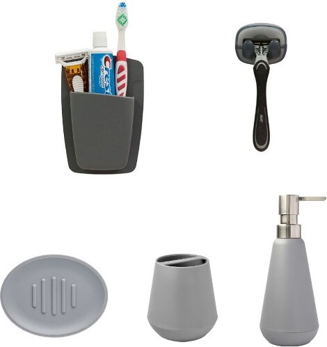 Sttelli Sttelli5-PieceBathroomEssentialsBundle-SoapDispenser,SoapDish,Suction-CupRazorWallHook,ToothbrushCup,No-GlueWallOrganizer-Grey