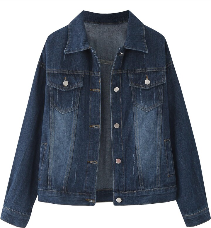 NJGRAE Womens Oversized Denim Jacket Casual Long Boyfriend Distresse