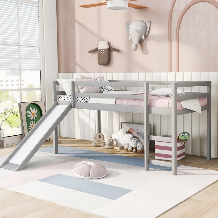 Calnod Twin Size Low Loft Bed with Slide & Ladder Solid Wood Slats