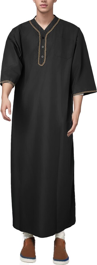DENCTORAM Mens Kaftan Thobe V-Neck Half Sleeve Muslim Robe Dubai Long ...