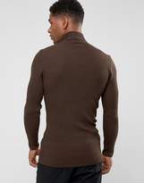 Thumbnail for your product : ASOS Longline Half Zip Ribbed Jumper In Brown