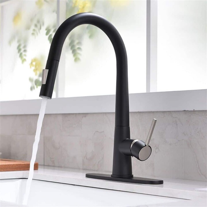 FLG Single Handle Kitchen Faucet With Pull Down Sprayer 1 Hole Kitchen Sink Faucet Brass Commercial Taps in Matte Black