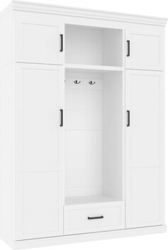 Hall Tree with Bench and 3 Hooks, Modern Entryway Storage Organizer Cabinet with 4 Doors, 1 Drawer and Adjustable Shelves for Hallway, Entryway, Livin